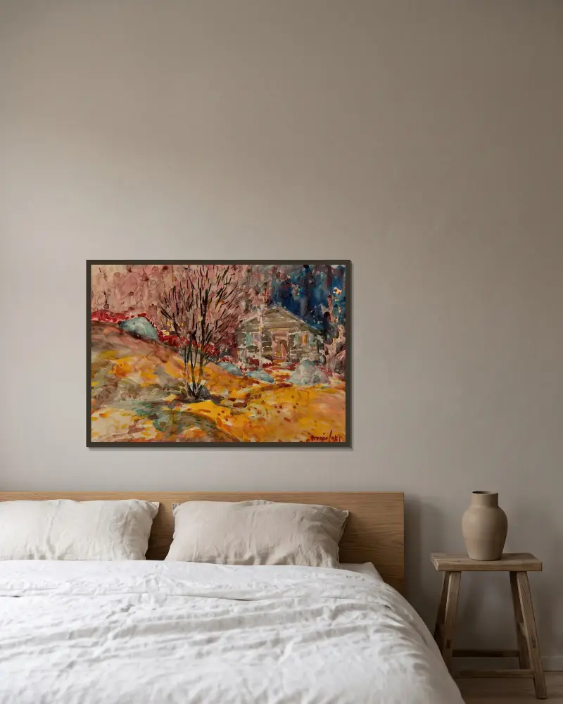 Höstlandskap av George Luks inramad på en vägg