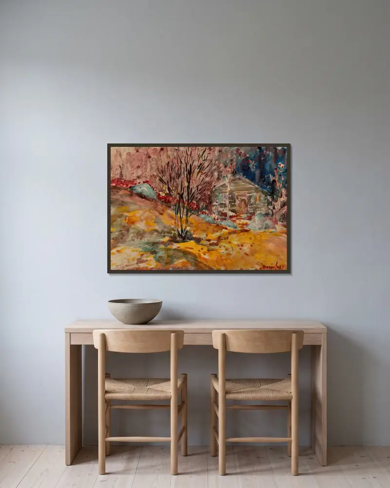 Höstlandskap av George Luks inramad på en vägg