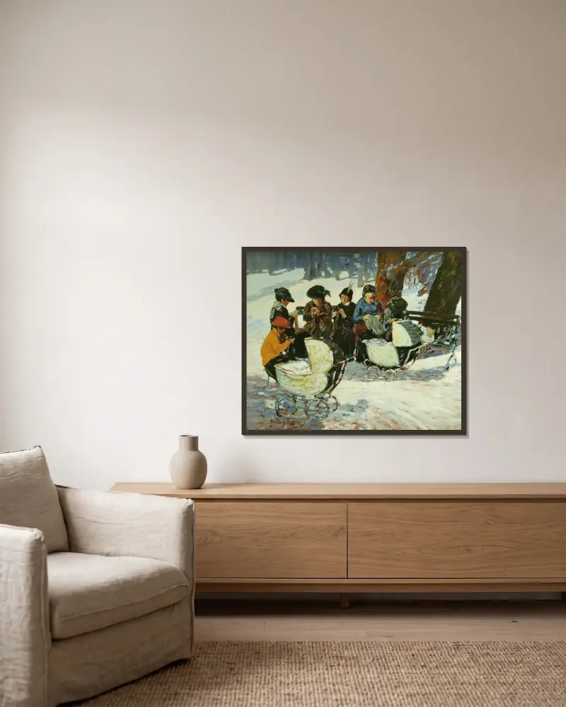 Stickning åt soldaterna; High Bridge Park av George Luks inramad på en vägg