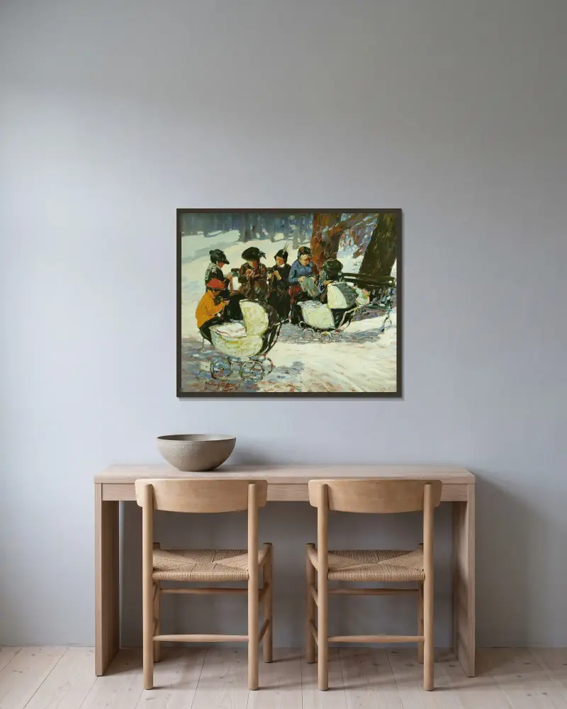 Stickning åt soldaterna; High Bridge Park av George Luks inramad på en vägg