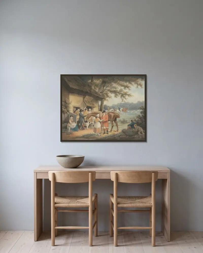 Rävjakt. Utfärd av George Morland inramad på en vägg