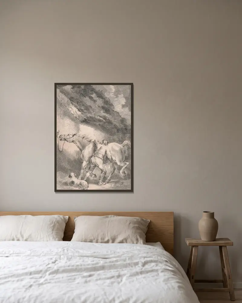 Stallkarl som rykter en häst av George Morland inramad på en vägg