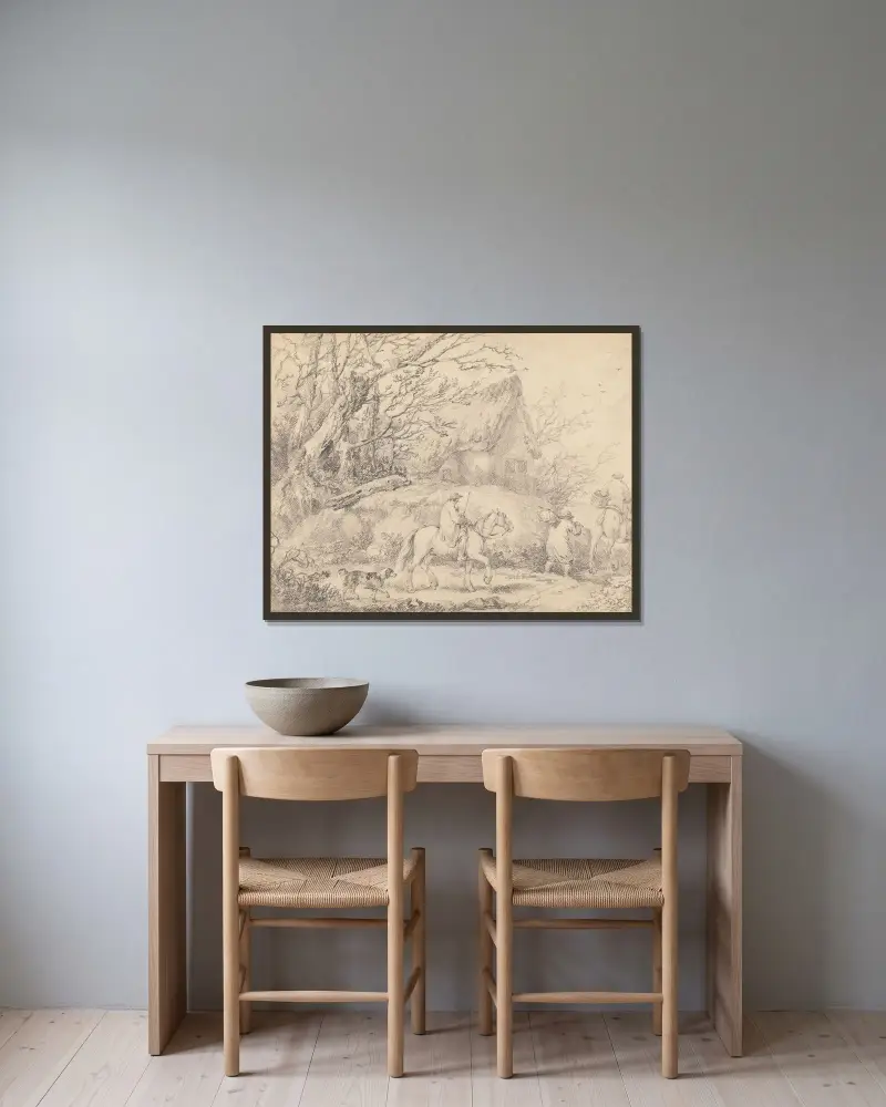 Landskap med stuga och ryttare av George Morland inramad på en vägg