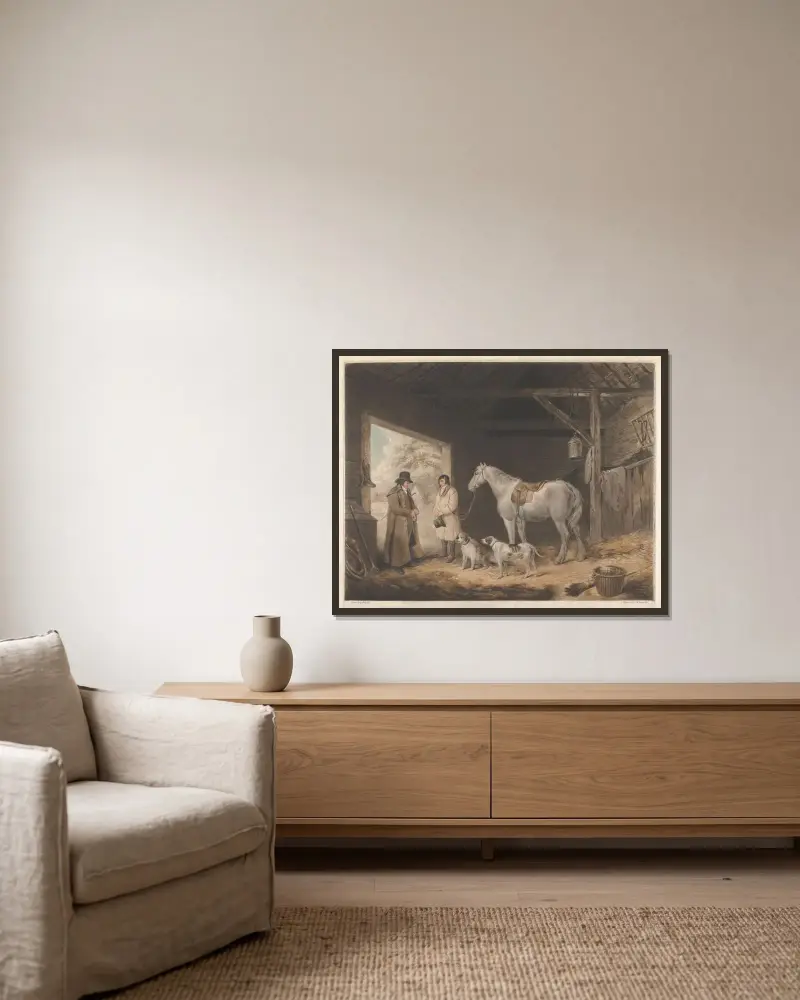 Paying the Hostler von George Morland gerahmt an einer Wand