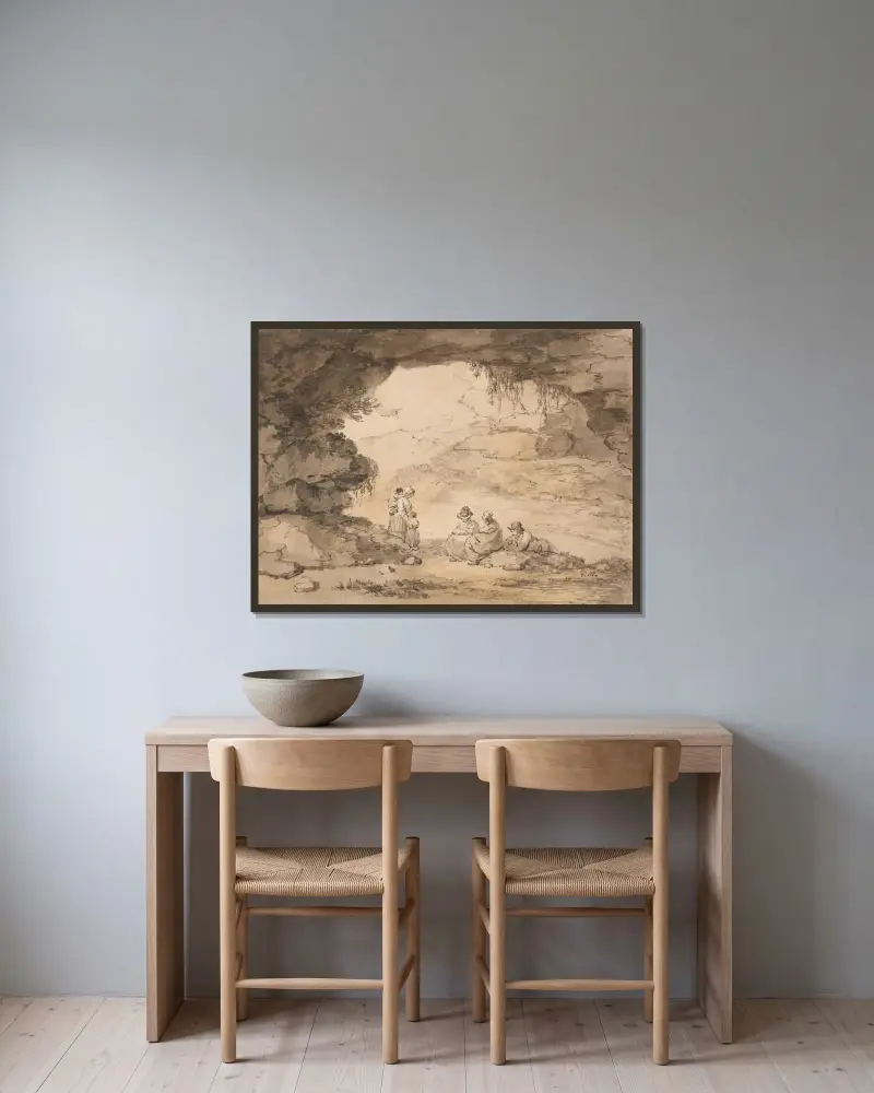 Bönder i en grotta av George Morland inramad på en vägg