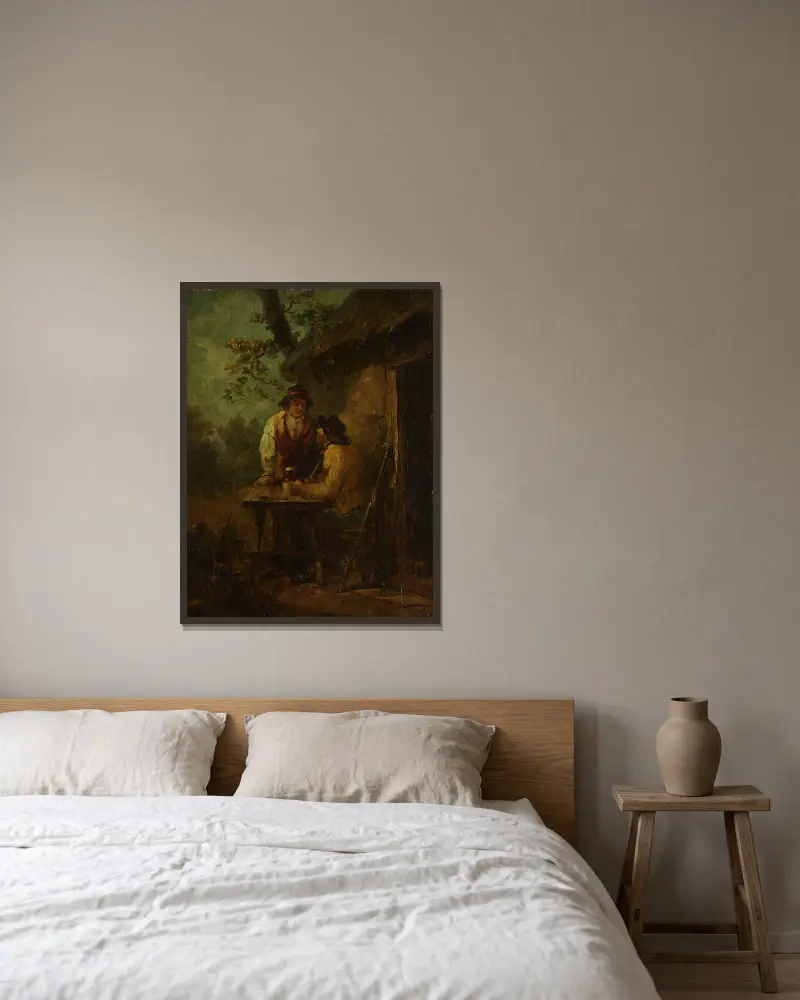 Bönder framför en hydda av George Morland inramad på en vägg