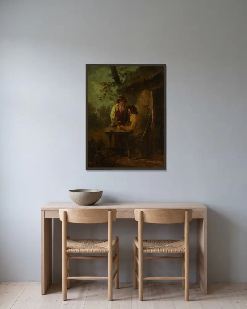 Bönder framför en hydda av George Morland inramad på en vägg