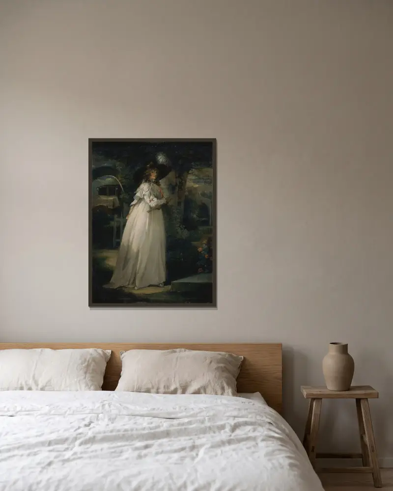 Porträtt av en flicka i en trädgård av George Morland inramad på en vägg