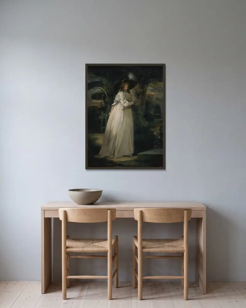 Porträtt av en flicka i en trädgård av George Morland inramad på en vägg