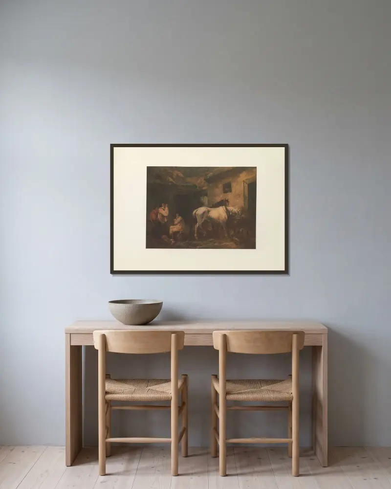 Posthästar och hästar som vilar av George Morland inramad på en vägg