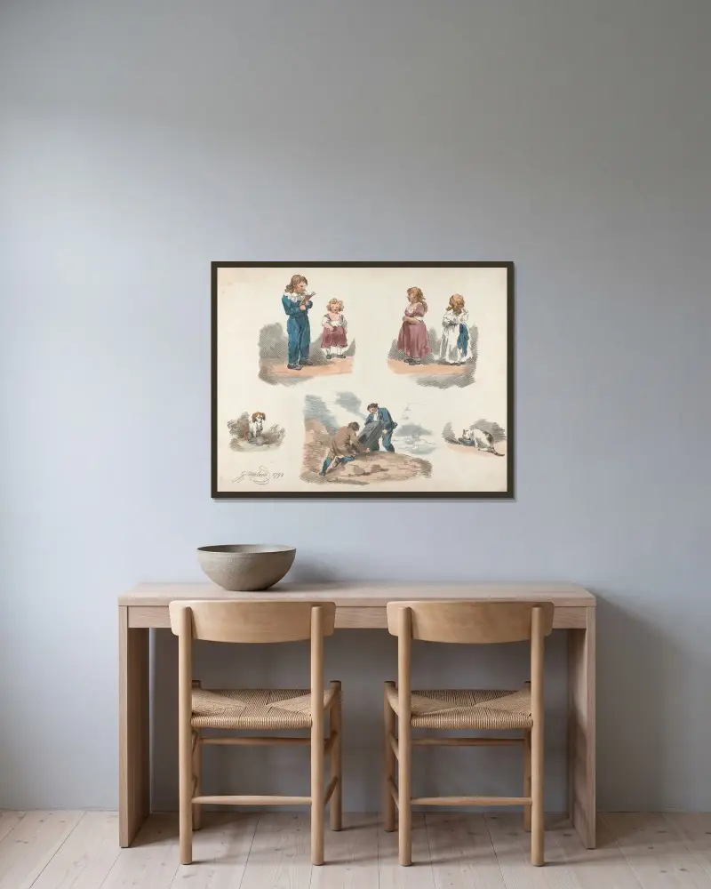 Studier av barn, en hund, en katt m.fl. av George Morland inramad på en vägg