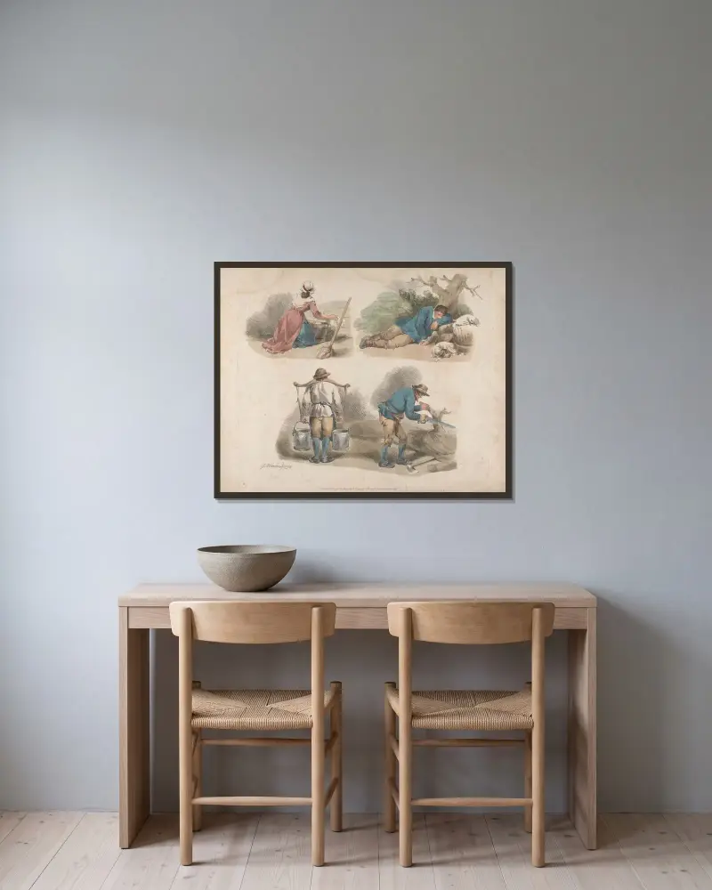 Studier av arbetare av George Morland inramad på en vägg