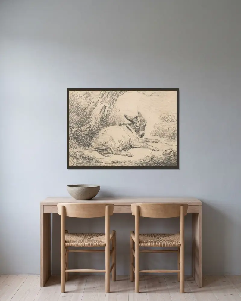 Studie av en åsna under ett träd av George Morland inramad på en vägg