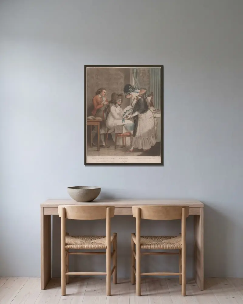 Koketten vid sin toalett av George Morland inramad på en vägg