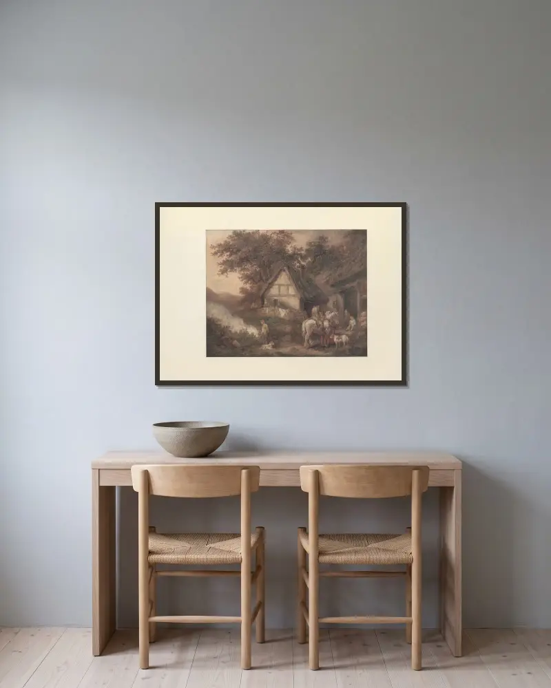 Dörren till en bykrog av George Morland inramad på en vägg