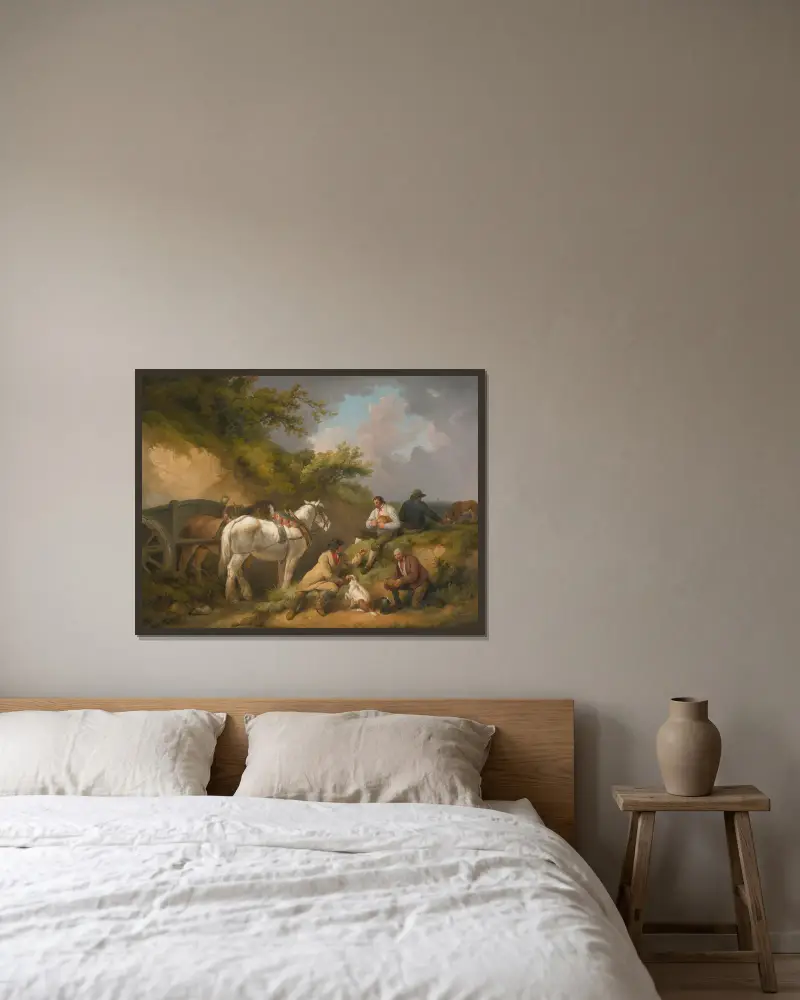 Die Rast des Arbeiters von George Morland gerahmt an einer Wand