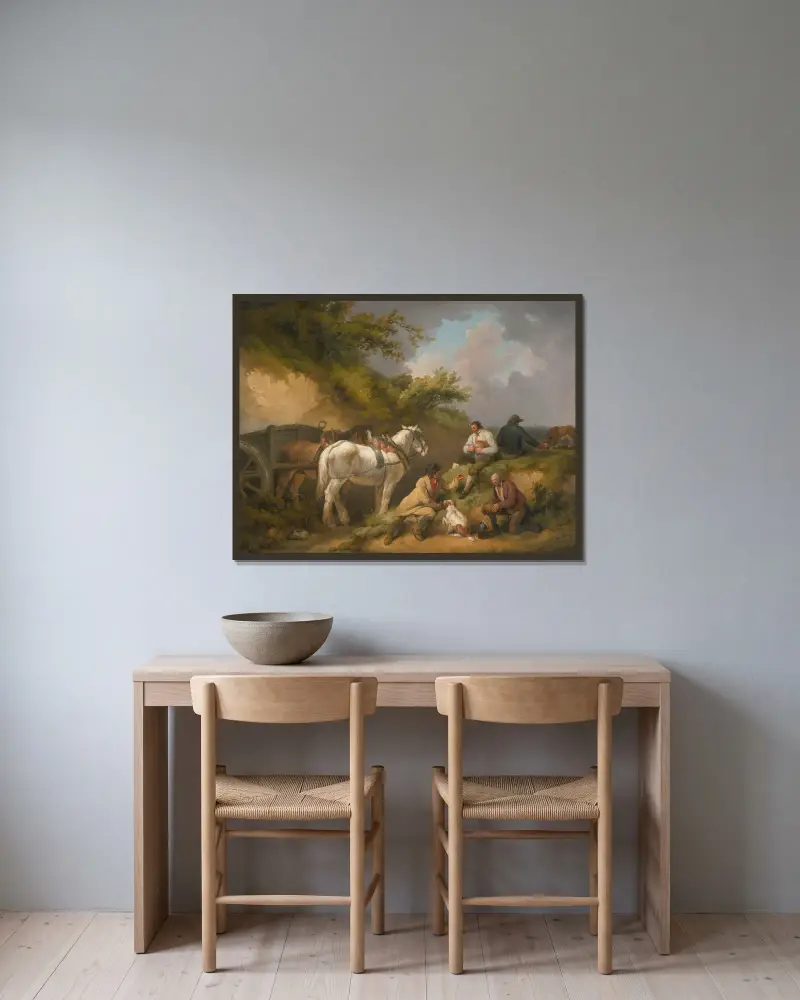 Die Rast des Arbeiters von George Morland gerahmt an einer Wand