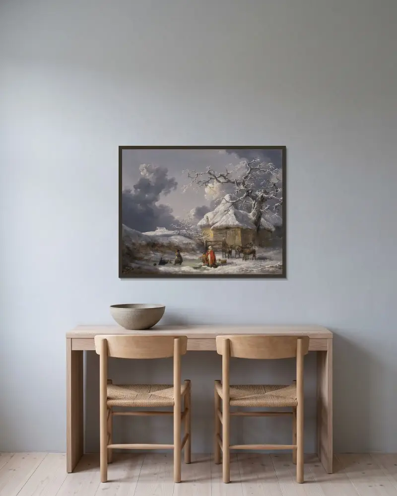 Vinterlandskap med figurer av George Morland inramad på en vägg