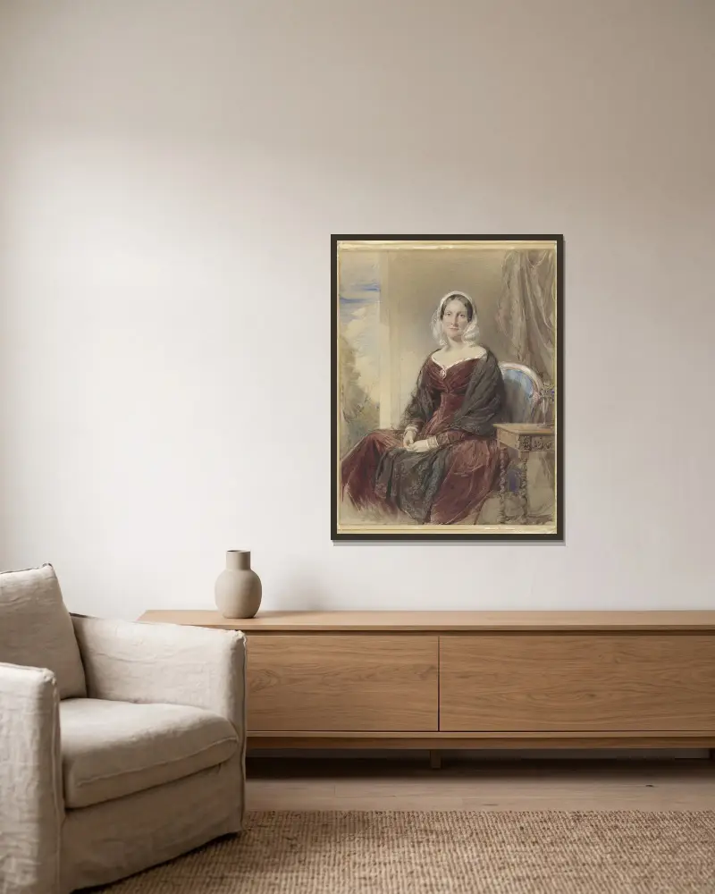 Portret van een zittende dame bij een doorkijk naar buiten av George Richmond inramad på en vägg