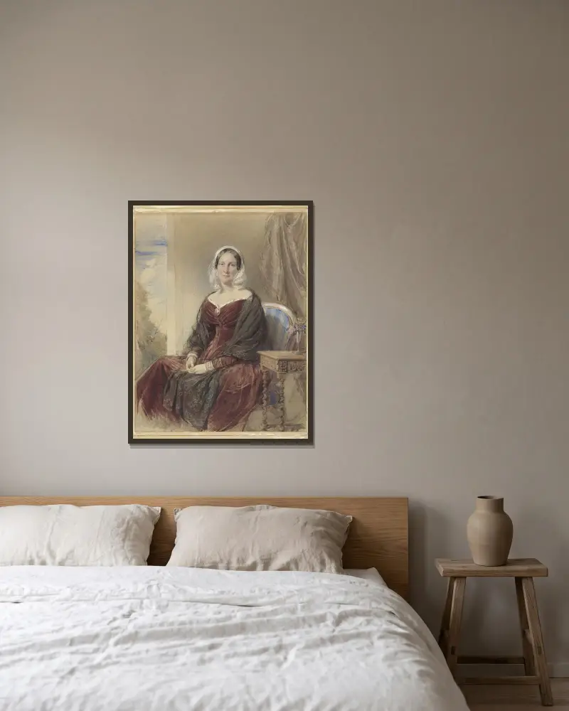 Portret van een zittende dame bij een doorkijk naar buiten av George Richmond inramad på en vägg