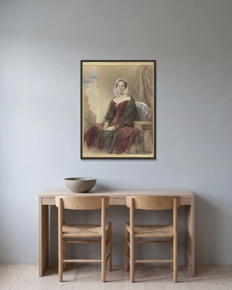 Portret van een zittende dame bij een doorkijk naar buiten av George Richmond inramad på en vägg
