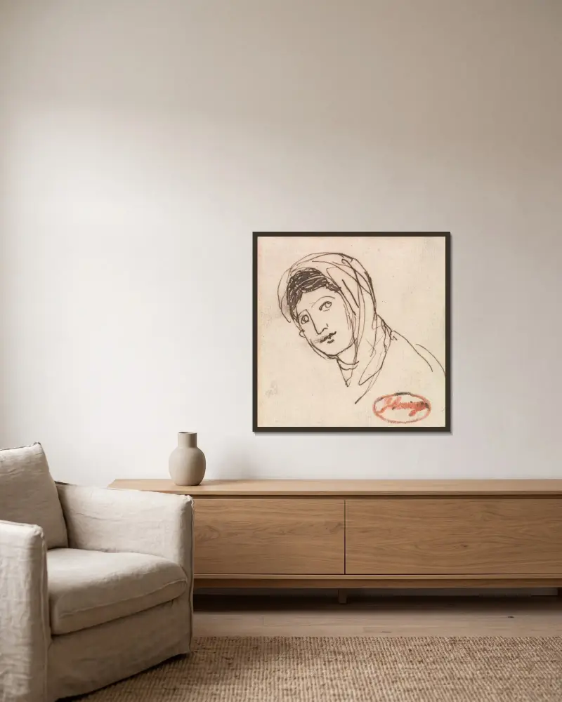 Ett kvinnligt huvud av George Romney inramad på en vägg