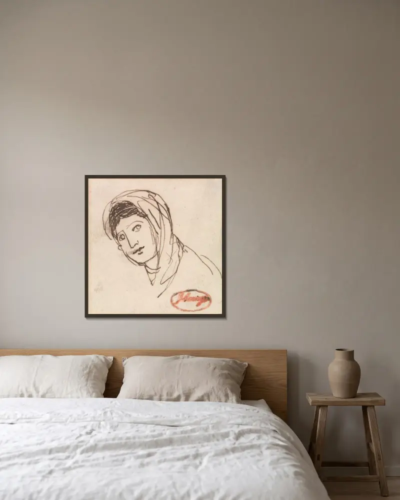 Ett kvinnligt huvud av George Romney inramad på en vägg