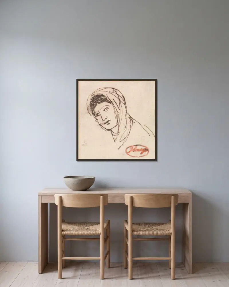 Ett kvinnligt huvud av George Romney inramad på en vägg