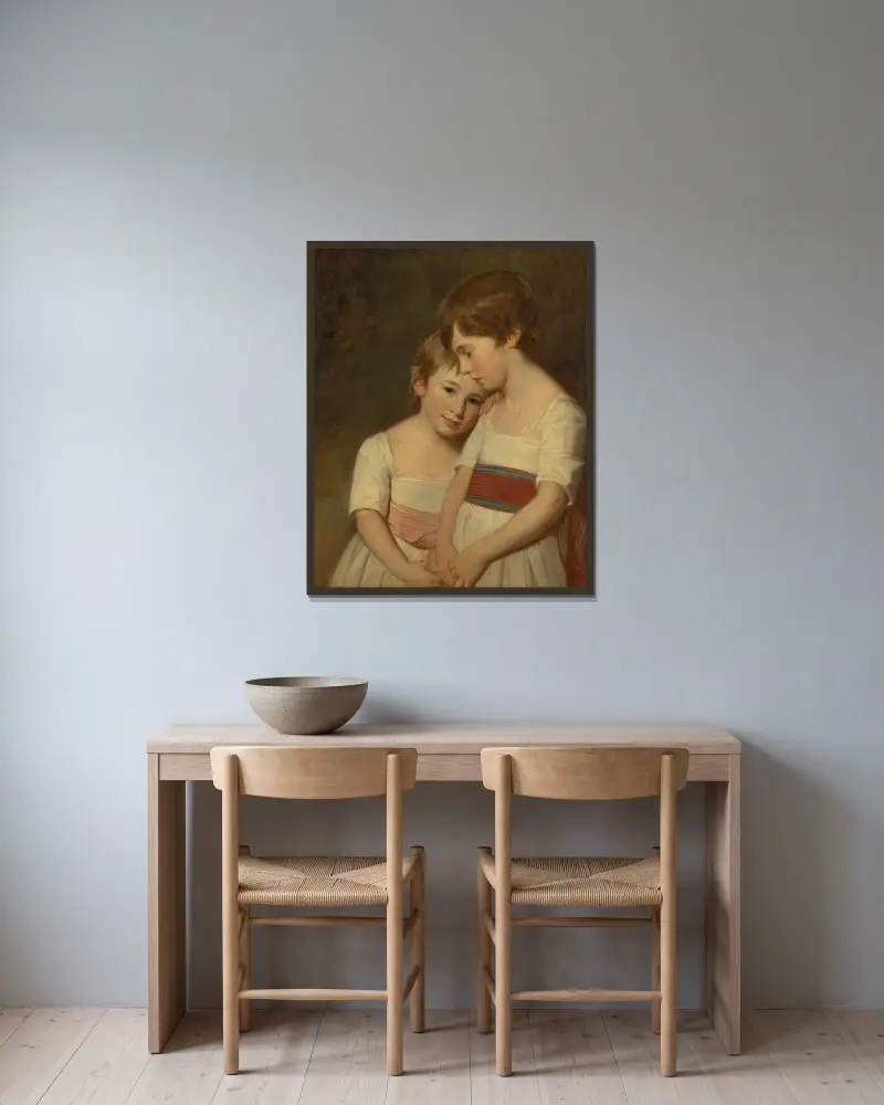 Dubbelporträtt av två syskon av George Romney inramad på en vägg