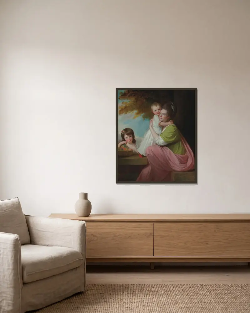 Grupporträtt av Dorothy Stables (1753–1832) med döttrarna Harriet (1774–1827) och Maria (1775–1821) i skogslandskap av George Romney inramad på en vägg