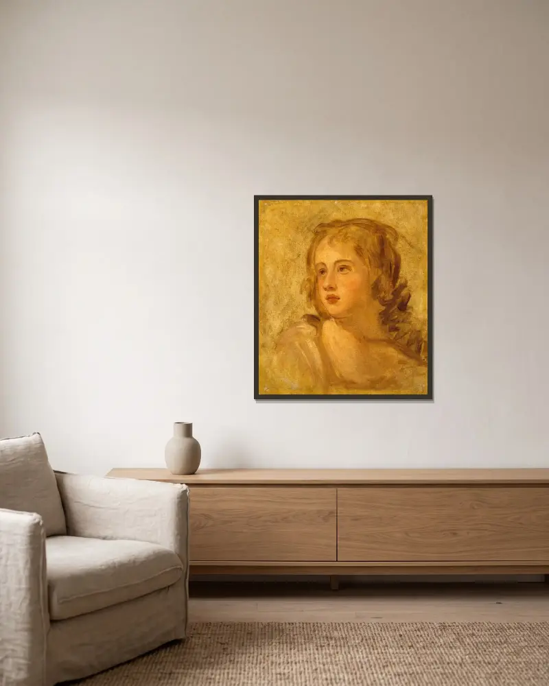 Kvinnohuvud av George Romney inramad på en vägg