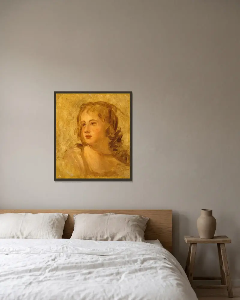 Kvinnohuvud av George Romney inramad på en vägg