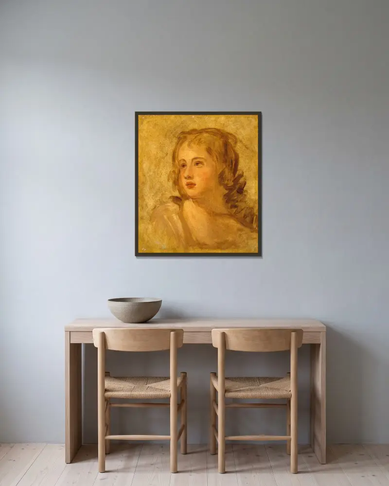 Kvinnohuvud av George Romney inramad på en vägg