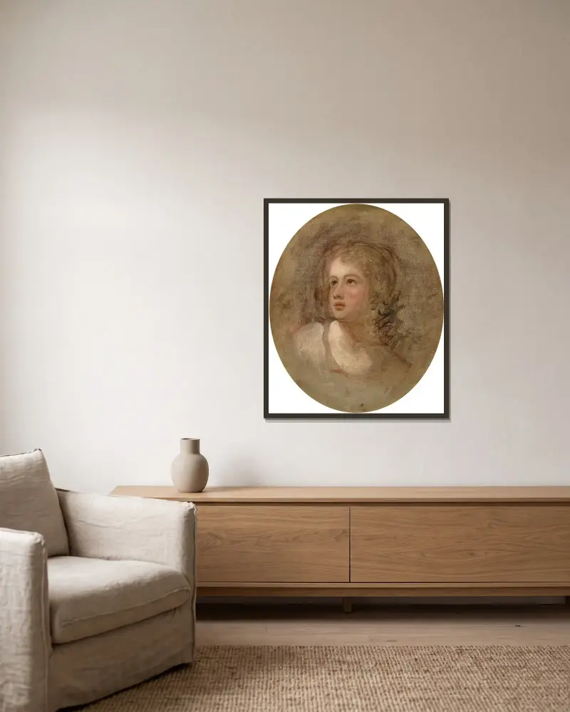 Huvudstudie av en ung flicka av George Romney inramad på en vägg
