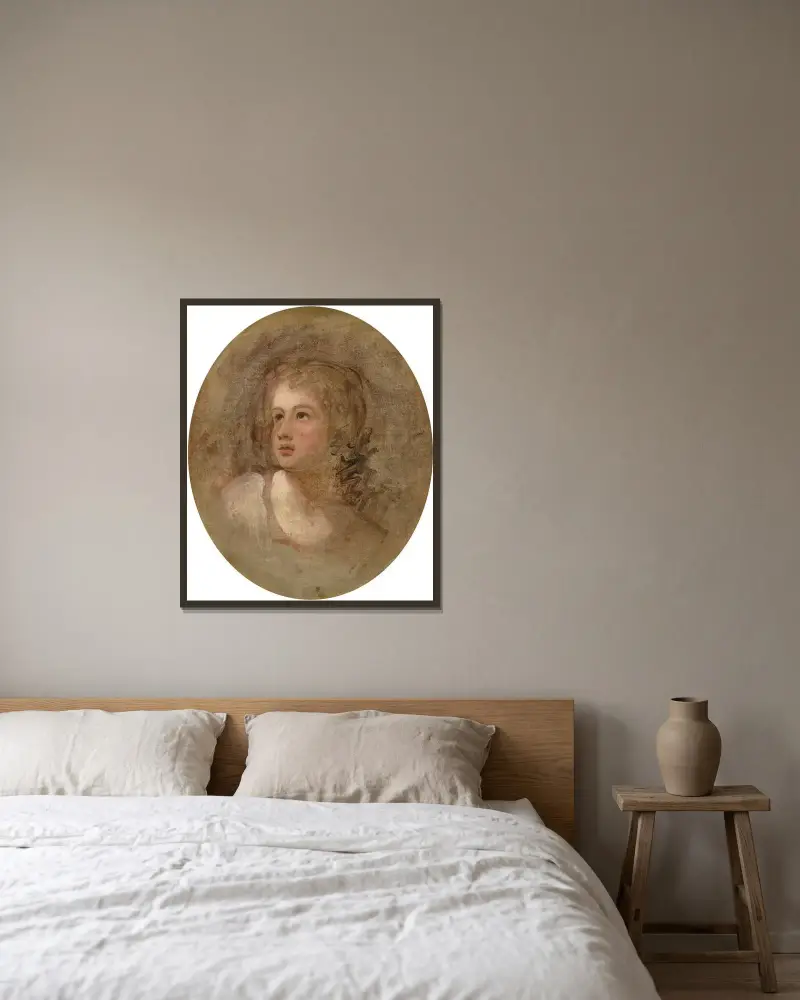 Huvudstudie av en ung flicka av George Romney inramad på en vägg