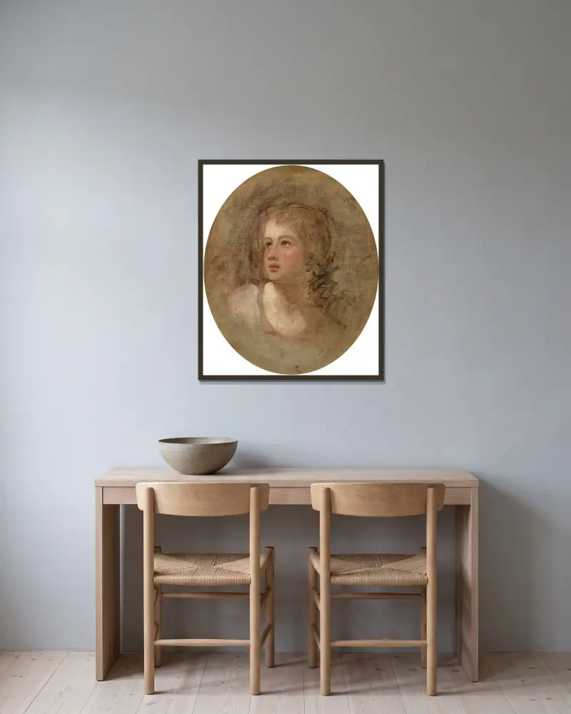 Huvudstudie av en ung flicka av George Romney inramad på en vägg