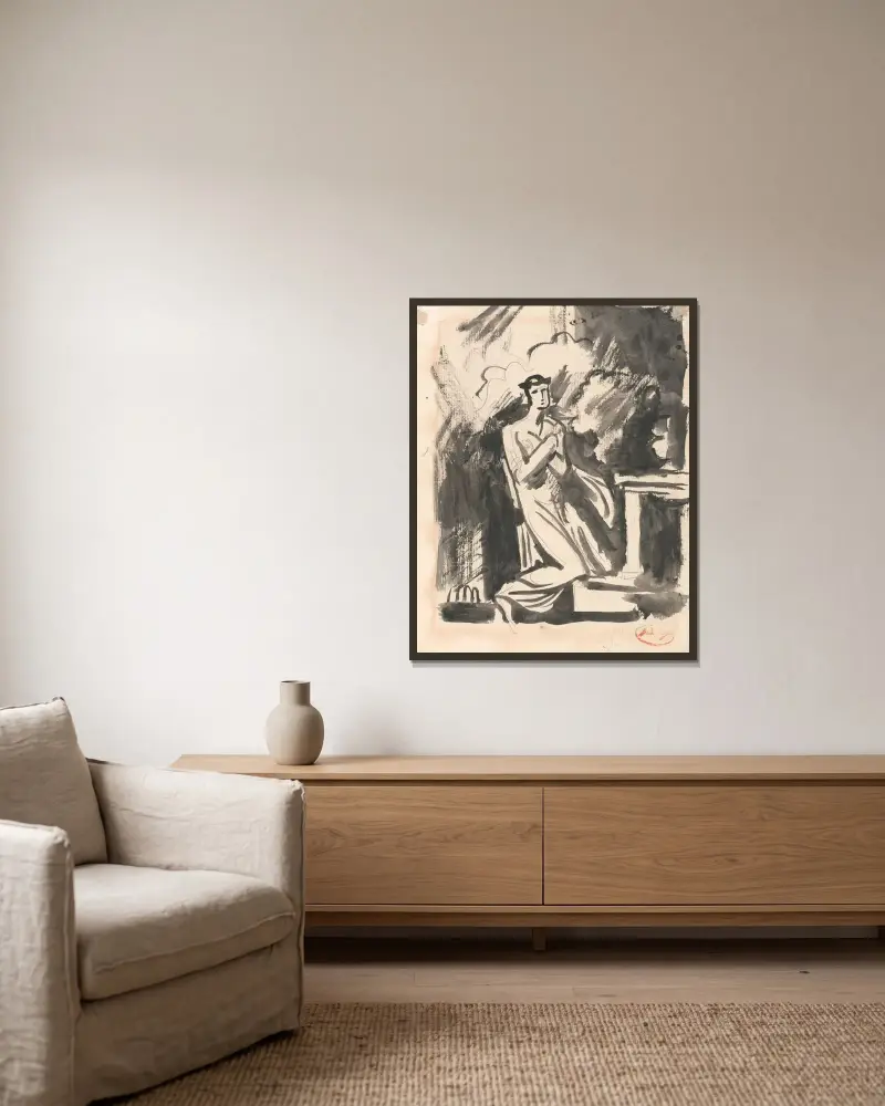 Iphigenia knäböjande vid ett altare av George Romney inramad på en vägg