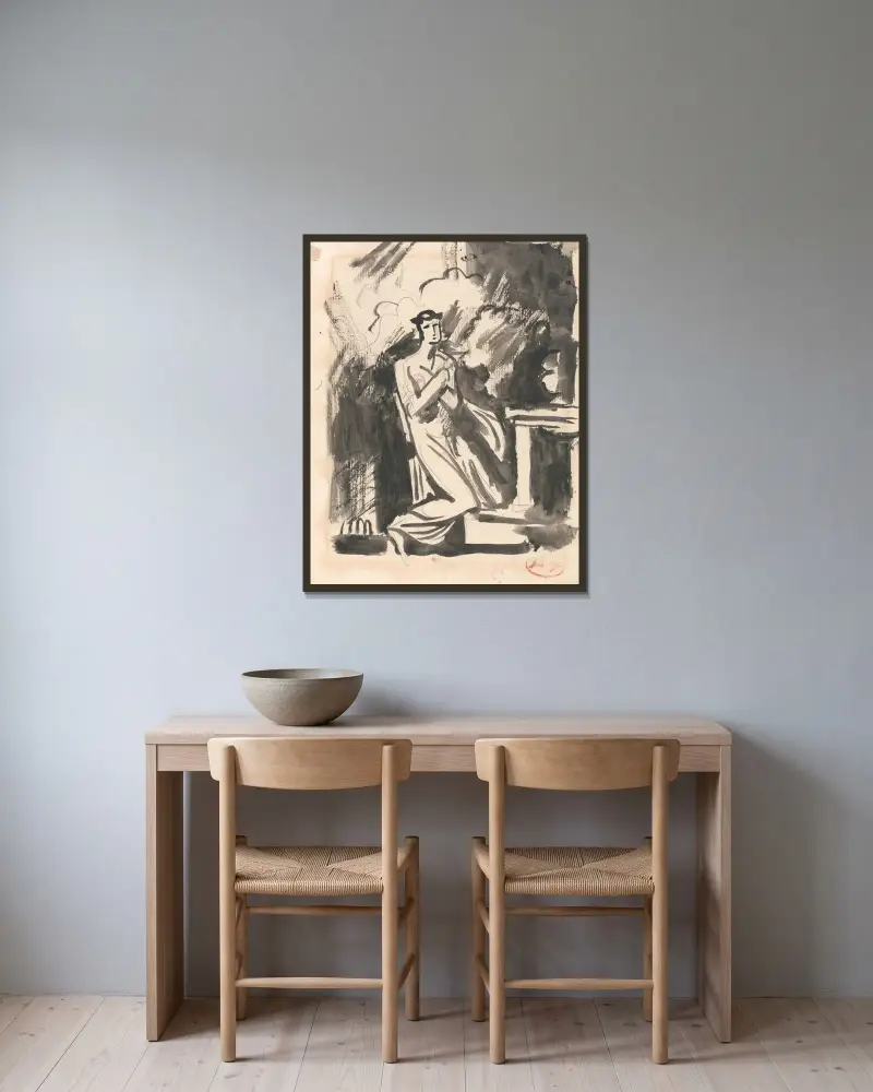Iphigenia knäböjande vid ett altare av George Romney inramad på en vägg