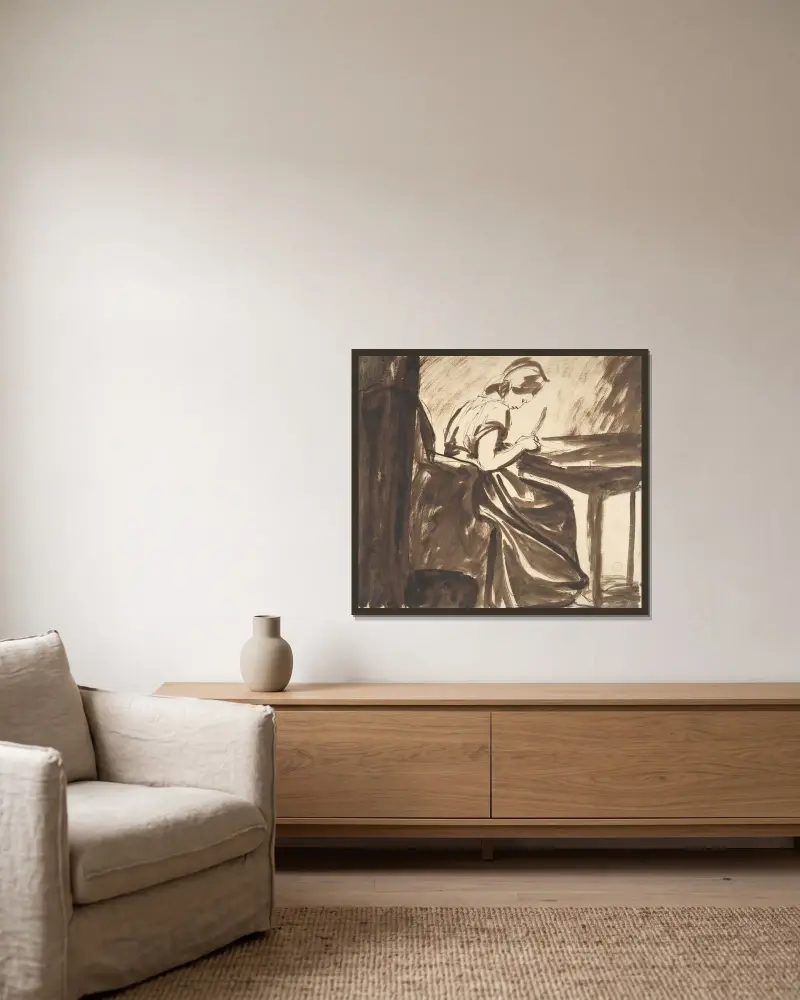Kvinna sittande vid ett bord av George Romney inramad på en vägg