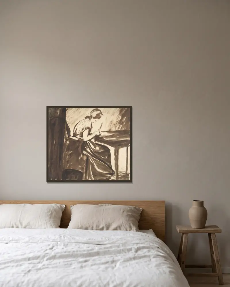 Kvinna sittande vid ett bord av George Romney inramad på en vägg