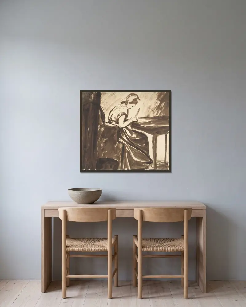 Kvinna sittande vid ett bord av George Romney inramad på en vägg