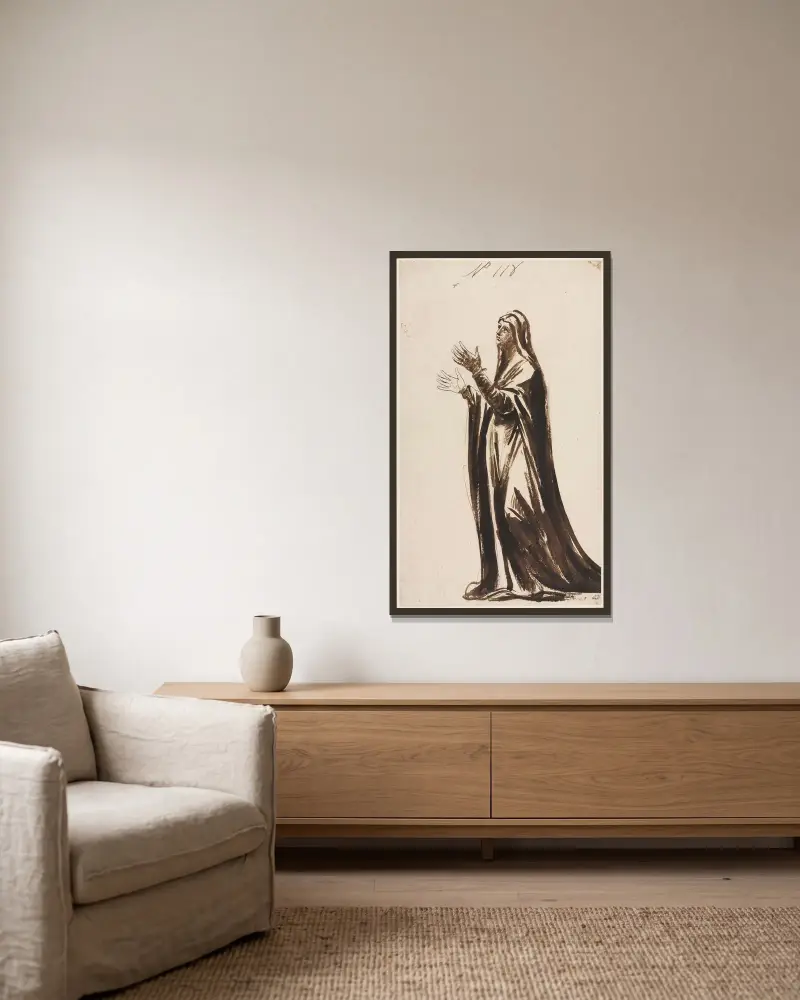 Mater Dolorosa (Mourning Mother) von George Romney gerahmt an einer Wand