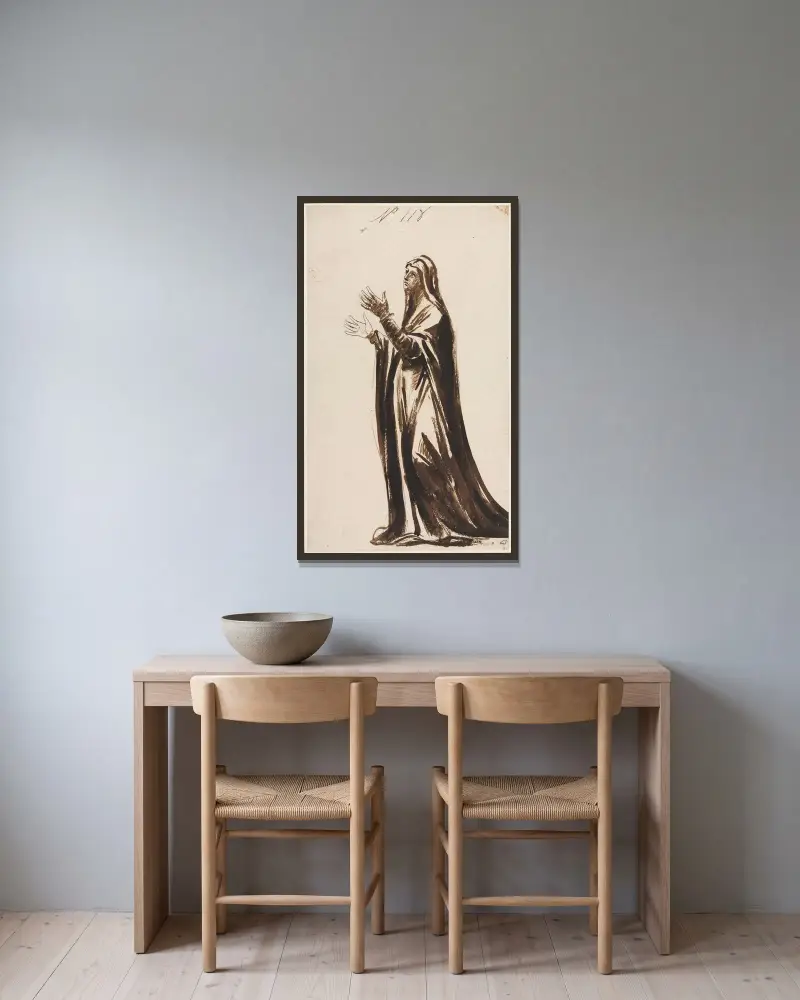 Mater Dolorosa (Mourning Mother) von George Romney gerahmt an einer Wand