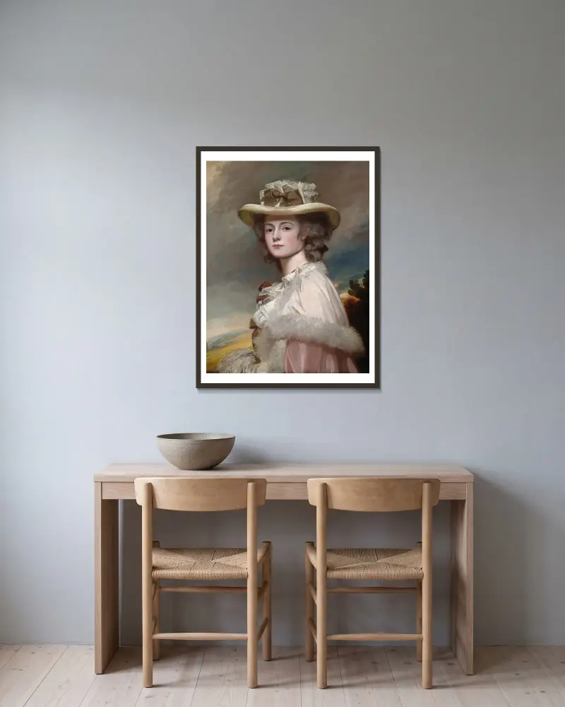 Mrs. Davies Davenport av George Romney inramad på en vägg