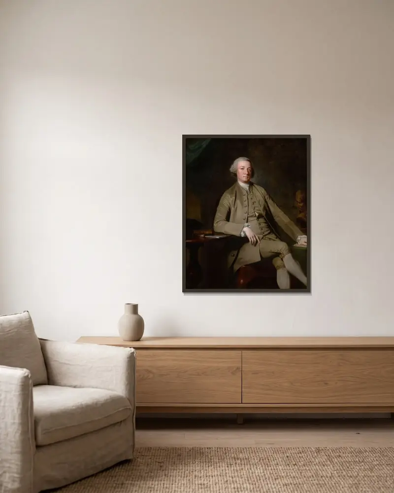 Porträtt av en gentleman, sittande, troligen William Suddel av Lancaster av George Romney inramad på en vägg