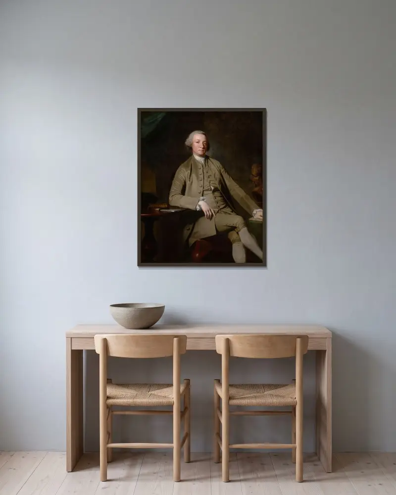 Porträtt av en gentleman, sittande, troligen William Suddel av Lancaster av George Romney inramad på en vägg