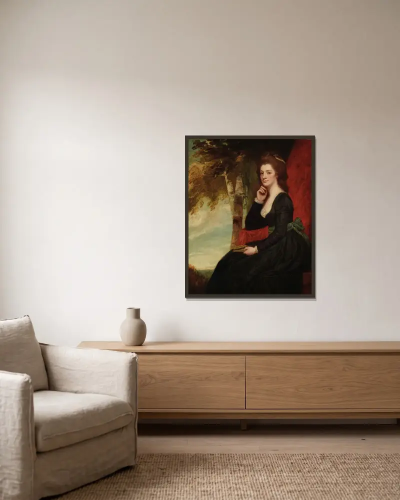 Porträtt av en dam, traditionellt identifierad som Anne, grevinna av Clare av George Romney inramad på en vägg