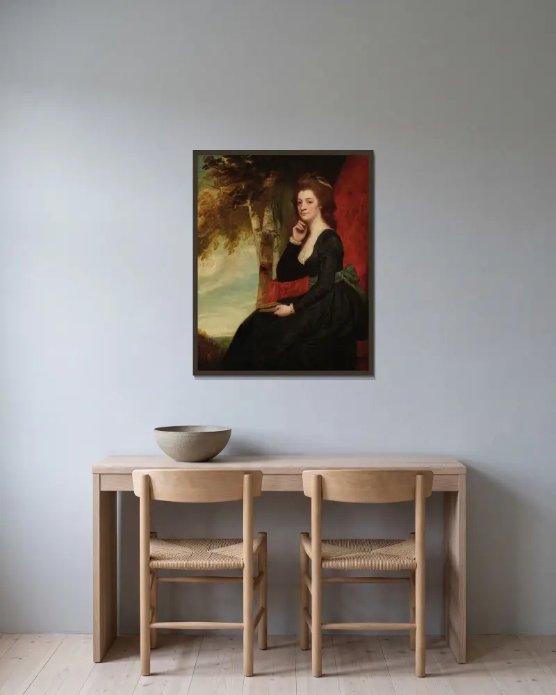 Porträtt av en dam, traditionellt identifierad som Anne, grevinna av Clare av George Romney inramad på en vägg