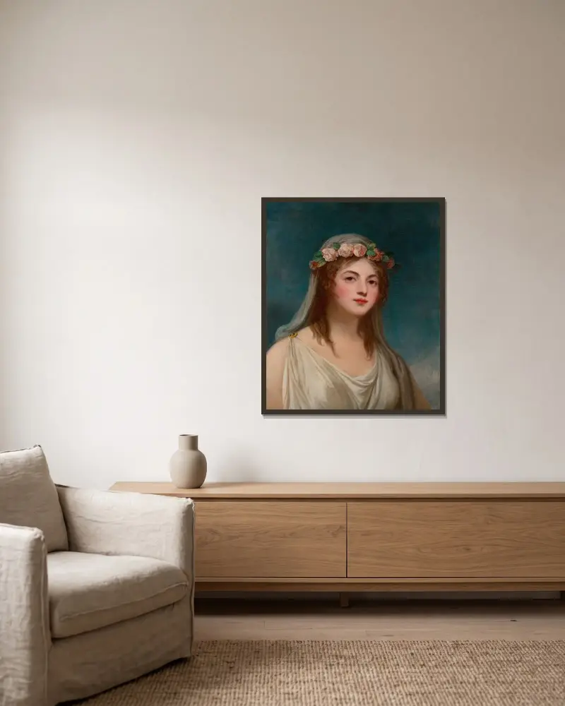 Porträtt av en dam, traditionellt identifierad som Emma Hamilton av George Romney inramad på en vägg