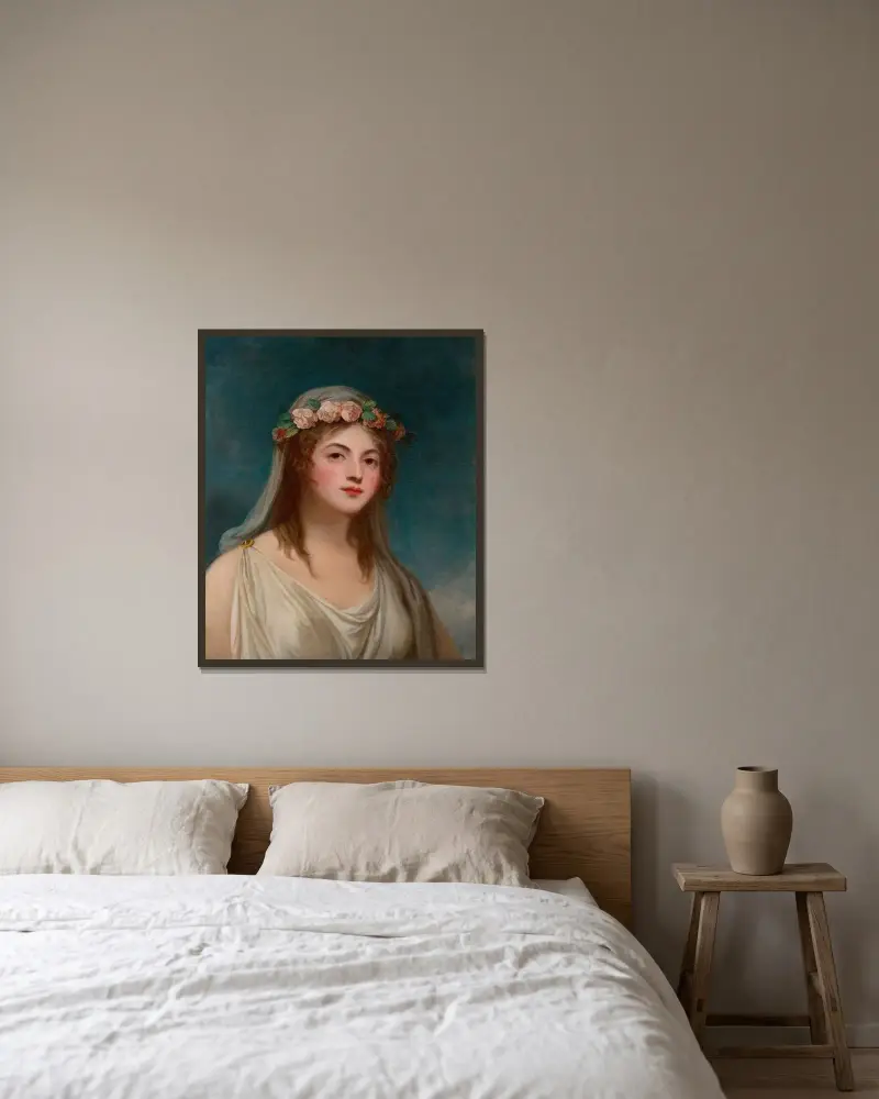 Porträtt av en dam, traditionellt identifierad som Emma Hamilton av George Romney inramad på en vägg